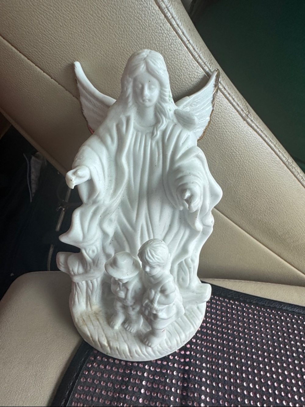 7” Vintage 1990s White Gold Wing Angel with Kids Home Decor ceramic Figurine